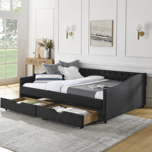 English Elm Queen Upholstered Tufted Daybed Sofa with Storage Drawers and Nailhead Arm Detail Black W1413S00194