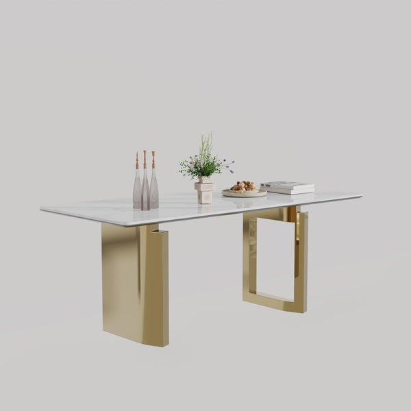 English Elm 0.47" Sintered Stone Glass Top Rectangular Dining Table with Polished Steel Base Seats Six W1311S00175