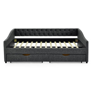 English Elm Queen Upholstered Tufted Daybed Sofa with Storage Drawers and Nailhead Arm Detail Dark Grey W1413S00195