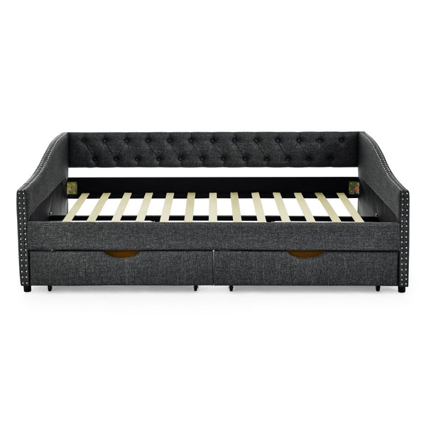 English Elm Queen Upholstered Tufted Daybed Sofa with Storage Drawers and Nailhead Arm Detail Dark Grey W1413S00195
