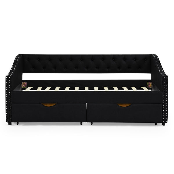 English Elm Twin Size Daybed With Storage Drawers, Upholstered Tufted Sofa Bed, Elegant Copper Nailhead Trim W1413S00029-GIGA