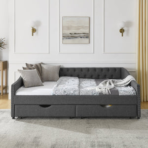 English Elm Queen Upholstery Daybed with Storage Drawers, Tufted Back & Nailhead Arms, 80"x60" Sleeper, 500lb Capacity DARK GREY W1413S00034