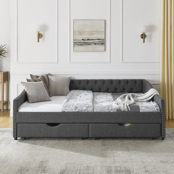 English Elm Queen Upholstery Daybed with Storage Drawers, Tufted Back & Nailhead Arms, 80"x60" Sleeper, 500lb Capacity DARK GREY W1413S00034