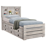 Hearth and Haven Radiate Twin Size Bookcase Captain Bed with 3 Drawers and Trundle, Rustic White BS316105AAC