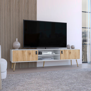 English Elm Toka White+Walnut TV Rack with 2 Hinged Doors, 4 Shelves, Pine Build, Elegant Storage & Stability B097P167454