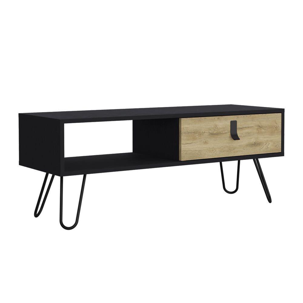 English Elm 15" Modern Rectangular Coffee Table in Black/Macadamia with Harpin Legs, Divider & Hidden Drawer B097P167464