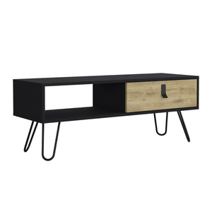 English Elm 15" Modern Rectangular Coffee Table in Black/Macadamia with Harpin Legs, Divider & Hidden Drawer B097P167464