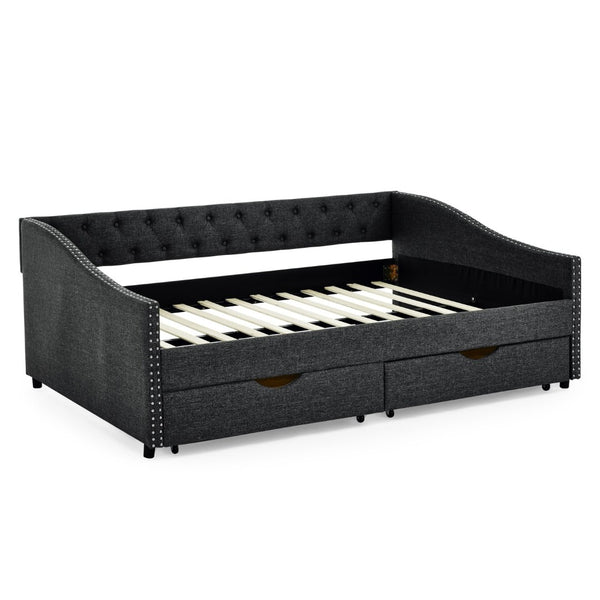 English Elm Full Upholstered Tufted Daybed with Storage Drawers Mid-century Sofa Sleeper Dark Grey W1413S00190