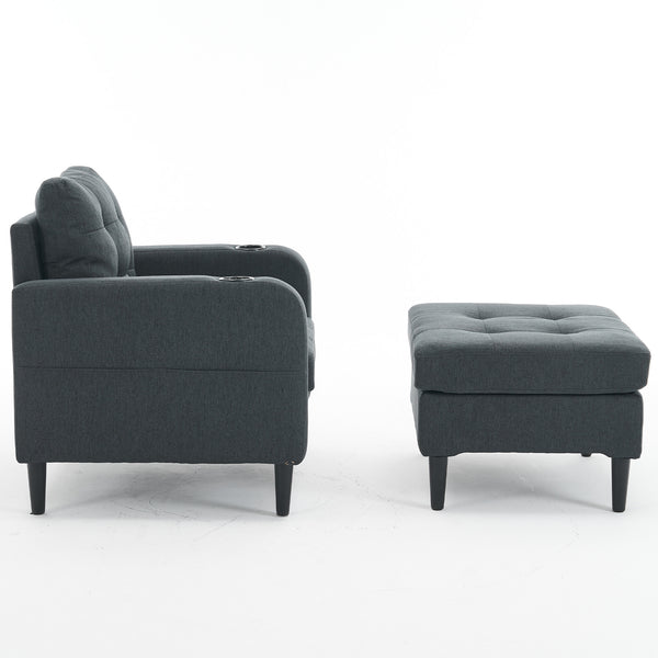 English Elm Dark Gray Tufted Upholstered Armchair with Storage Ottoman, Cup Holders, Side Pocket & Metal Frame W1901P149126