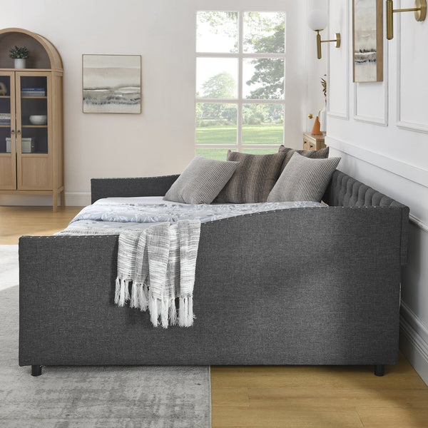 English Elm Queen Upholstery Daybed with Storage Drawers, Tufted Back & Nailhead Arms, 80"x60" Sleeper, 500lb Capacity DARK GREY W1413S00034