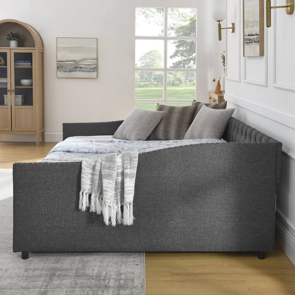 English Elm Queen Upholstered Tufted Daybed Sofa with Storage Drawers and Nailhead Arm Detail Dark Grey W1413S00195