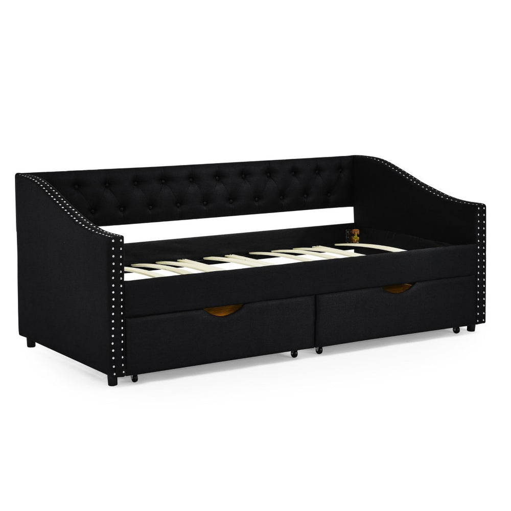 English Elm Twin Size Daybed With Storage Drawers, Upholstered Tufted Sofa Bed, Elegant Copper Nailhead Trim W1413S00029-GIGA