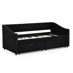 English Elm Twin Size Daybed With Storage Drawers, Upholstered Tufted Sofa Bed, Elegant Copper Nailhead Trim W1413S00029-GIGA