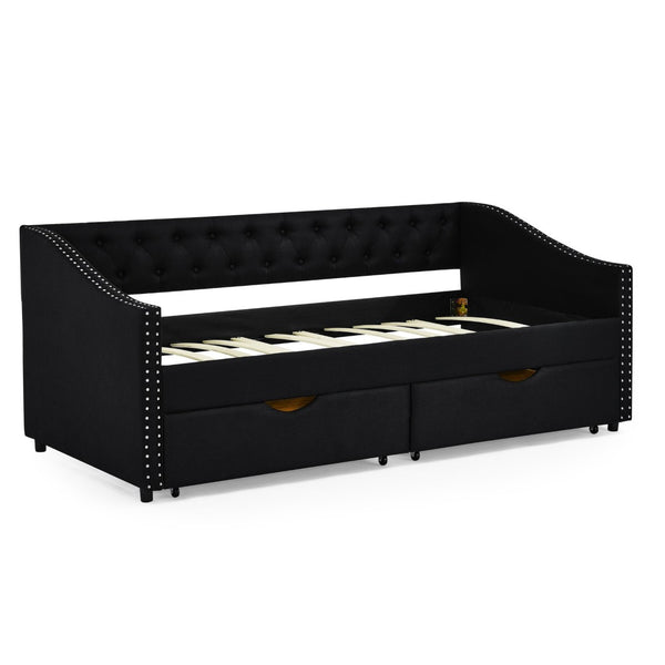 English Elm Twin Size Daybed With Storage Drawers, Upholstered Tufted Sofa Bed, Elegant Copper Nailhead Trim W1413S00029-GIGA