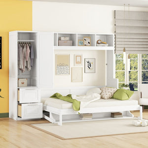 English Elm Queen Murphy Wall Bed with Integrated Wardrobe and Drawers for Studio or Guest Room White LP000793AAK-1