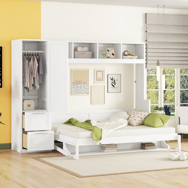 English Elm Queen Murphy Wall Bed with Integrated Wardrobe and Drawers for Studio or Guest Room White LP000793AAK-1