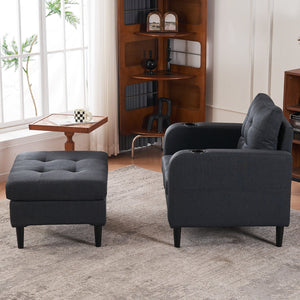 English Elm Dark Gray Tufted Upholstered Armchair with Storage Ottoman, Cup Holders, Side Pocket & Metal Frame W1901P149126
