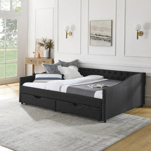 English Elm Queen Upholstered Tufted Daybed Sofa with Storage Drawers and Nailhead Arm Detail Black W1413S00194