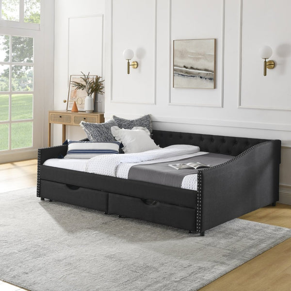 English Elm Queen Upholstered Tufted Daybed Sofa with Storage Drawers and Nailhead Arm Detail Black W1413S00194