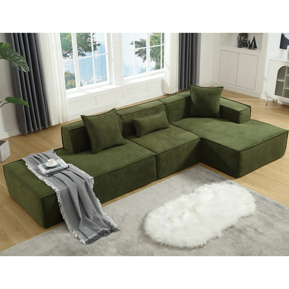 English Elm Modern L-Shaped Modular Sofa Set - Italian Minimalist Design, Free Installation, Green Terrycloth W2108S00022-GIGA
