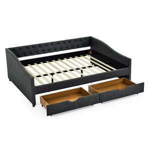 English Elm Queen Upholstery Daybed with Storage Drawers, Tufted Back & Nailhead Arms, 80"x60" Sleeper, 500lb Capacity DARK GREY W1413S00034