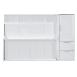 English Elm Queen Murphy Wall Bed with Integrated Wardrobe and Drawers for Studio or Guest Room White LP000793AAK-1