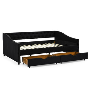 English Elm Full Upholstered Tufted Daybed with Storage Drawers Mid-century Sofa Sleeper Black W1413S00191