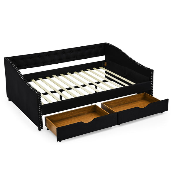 English Elm Full Size Daybed With Drawers - Elegant Upholstered Sofa Bed Featuring Tufted Back & Copper Accents W1413S00031