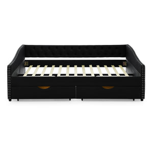 English Elm Queen Upholstery Daybed with Storage Drawers, Tufted Back & Nailhead Arms, 80"x60" Sleeper, 500lb Capacity Black W1413S00033