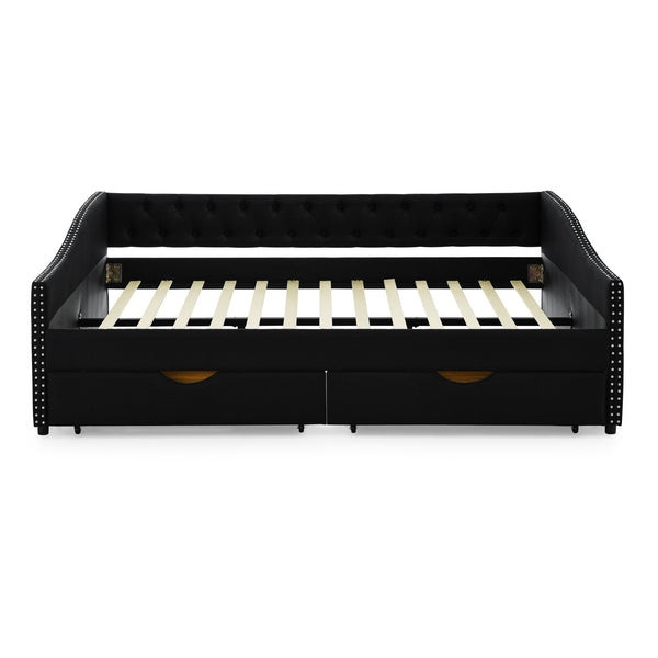 English Elm Queen Upholstery Daybed with Storage Drawers, Tufted Back & Nailhead Arms, 80"x60" Sleeper, 500lb Capacity Black W1413S00033