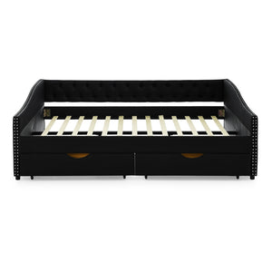 English Elm Queen Upholstered Tufted Daybed Sofa with Storage Drawers and Nailhead Arm Detail Black W1413S00194