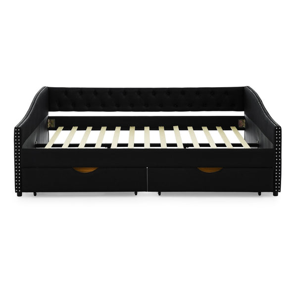 English Elm Queen Upholstered Tufted Daybed Sofa with Storage Drawers and Nailhead Arm Detail Black W1413S00194