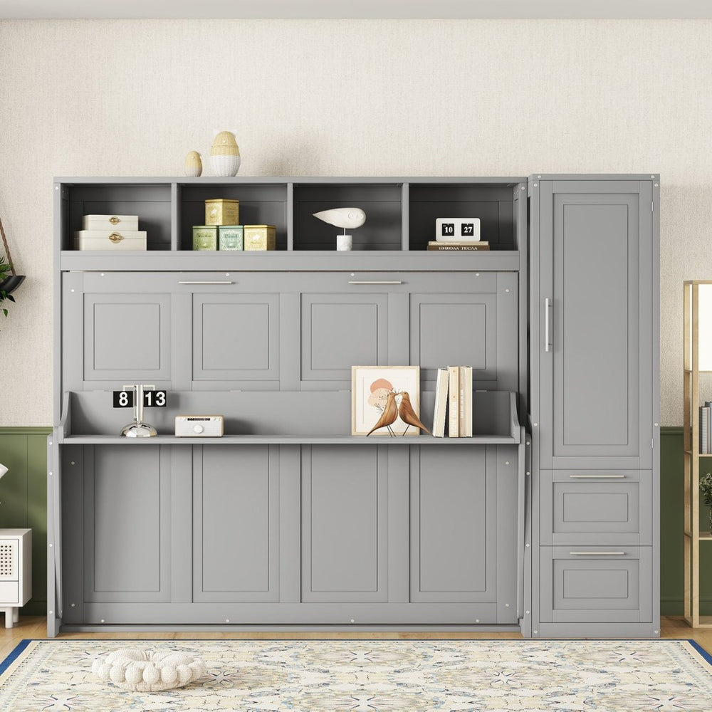 English Elm Queen Murphy Wall Bed with Integrated Wardrobe and Drawers for Studio or Guest Room Gray LP000793AAE-1
