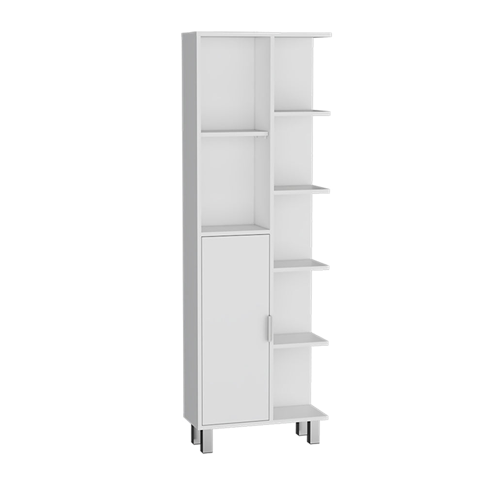 English Elm Mott 63" Linen Bathroom Cabinet in White — Slim 7-Shelf Storage, Pine Finish, Drawer & Door, 20.9"W B097P167431