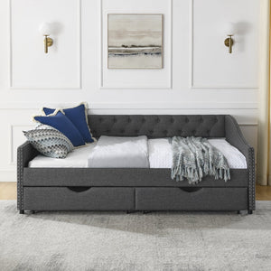 English Elm Full Size Daybed With Drawers - Elegant Tufted Sofa Bed, Copper Nail Trim & Space-Saving Design W1413S00032