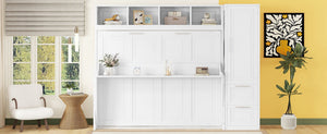 English Elm Queen Murphy Wall Bed with Integrated Wardrobe and Drawers for Studio or Guest Room White LP000793AAK-1