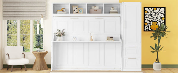 English Elm Queen Murphy Wall Bed with Integrated Wardrobe and Drawers for Studio or Guest Room White LP000793AAK-1