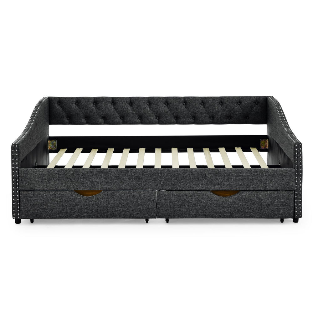 English Elm Full Size Daybed With Drawers - Elegant Tufted Sofa Bed, Copper Nail Trim & Space-Saving Design W1413S00032