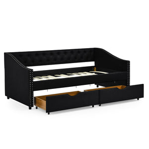 English Elm Twin Size Daybed With Storage Drawers, Upholstered Tufted Sofa Bed, Elegant Copper Nailhead Trim W1413S00029-GIGA