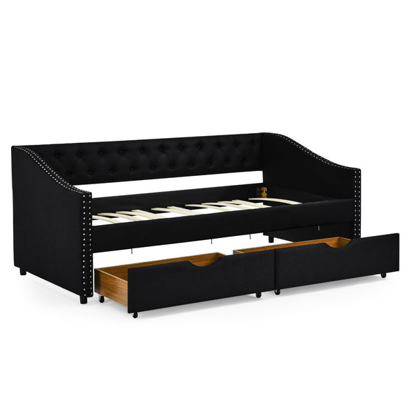 English Elm Twin Size Daybed With Storage Drawers, Upholstered Tufted Sofa Bed, Elegant Copper Nailhead Trim W1413S00029-GIGA