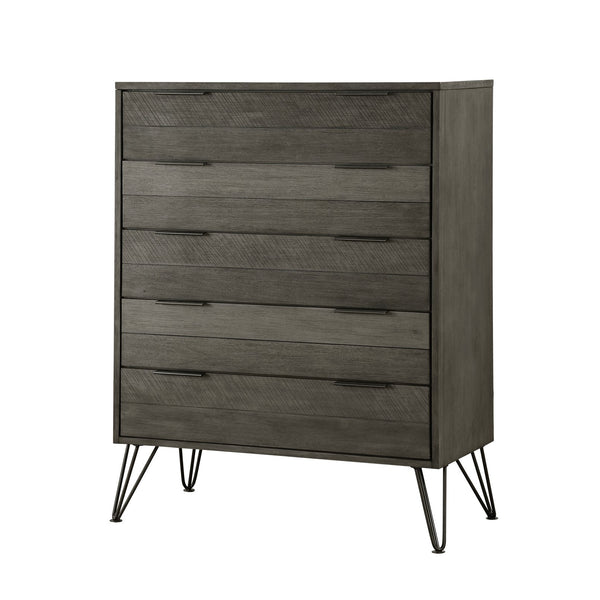 English Elm Contemporary Three-Tone Gray Acacia Chest of Drawers on Metal Legs, 5-Drawer Horizontal Slat Design, 51.5"H B01146550