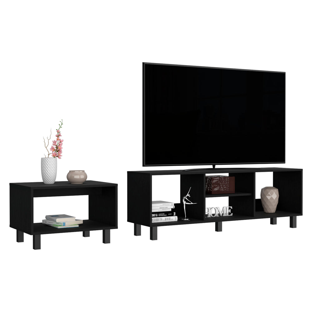 English Elm Carter Streamlined 2-Piece Living Room Set with TV Stand & Coffee Table, Black Pine, Steel Legs B097P167460