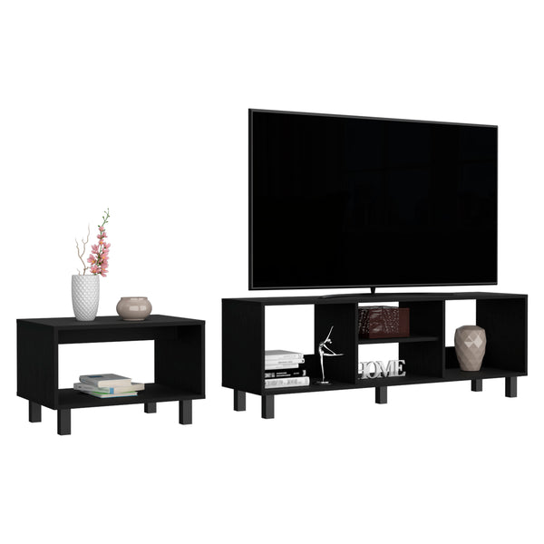 English Elm Carter Streamlined 2-Piece Living Room Set with TV Stand & Coffee Table, Black Pine, Steel Legs B097P167460