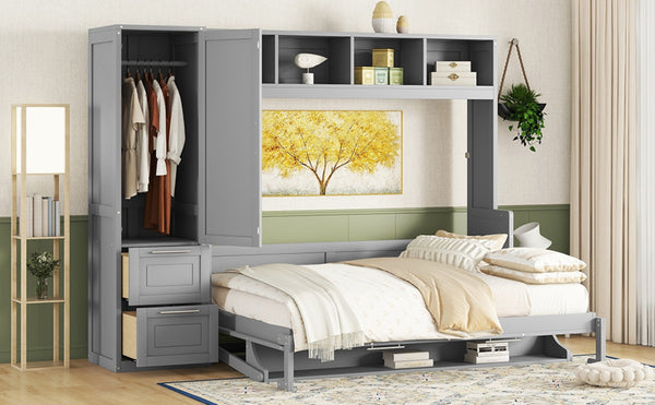 English Elm Queen Murphy Wall Bed with Integrated Wardrobe and Drawers for Studio or Guest Room Gray LP000793AAE-1