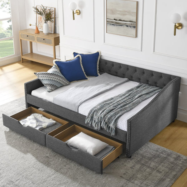 English Elm Full Size Daybed With Drawers - Elegant Tufted Sofa Bed, Copper Nail Trim & Space-Saving Design W1413S00032