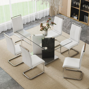 Hearth and Haven Large Modern Minimalist Rectangular 0.31 "Thick Tempered Glass Dining Table, Suitable For 6-8 People. 6 Leatherette Synthetic Leather High Backbone Cushioned Side Chairs with C-Shaped Silver Metal Legs. C-1162 W1151S00797 W1151S00797