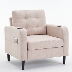 English Elm Beige Tufted Upholstered Armchair with Storage Ottoman, Cup Holders & Side Pocket for Living Space W1901P149127