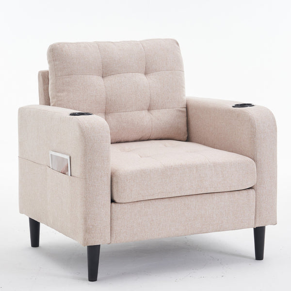 English Elm Beige Tufted Upholstered Armchair with Storage Ottoman, Cup Holders & Side Pocket for Living Space W1901P149127