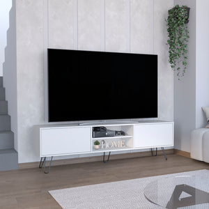 English Elm Waco TV Rack with Hairpin Legs and Cable Management, Spacious Top for 55" TVs, Two Drawers White 75.5 L x 18.8 W x 4.7 H B097P167462