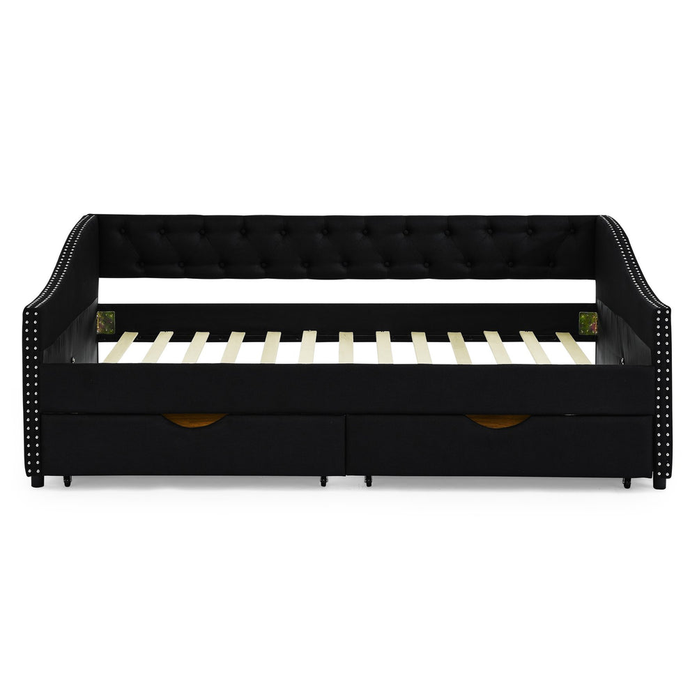 English Elm Full Size Daybed With Drawers - Elegant Upholstered Sofa Bed Featuring Tufted Back & Copper Accents W1413S00031